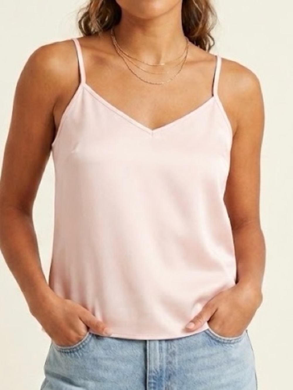 DKNYC Soft Pink V-Neck Polyester Satin Classic Camisole Cami Adjustable Straps L